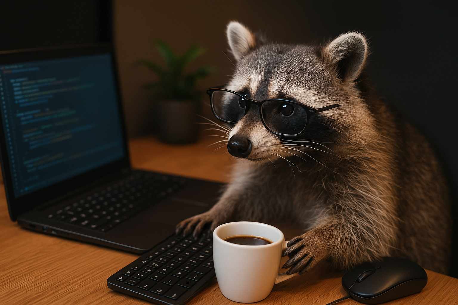 Waschbär am Laptop, programmiert die neue Zoo-Homepage